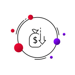 Money bag with dollar sign and down arrow line icon. Income, cash, payment, expenses, transaction, salary, send money, currency, pay, cash accruals. Financial management concept. Vector line icon