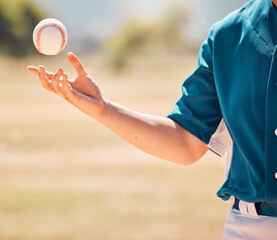 Sports ball, baseball and woman player on a field or pitch for exercise, training or a tournament match outside. Hand of female athlete playing a competitive game for fitness, recreation and fun