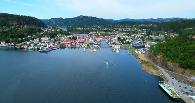 Flekkefjord Norway bay fjord and marina aerial image HDR HFR footage