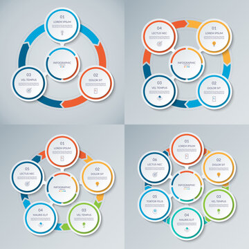 Set of infographic circles with 3, 4, 5, 6 steps. Collection of vector templates for business infographics. Process chart, cycle diagram for business presentation, brochure, web, data visualization.