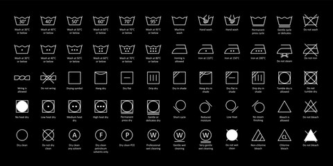 Laundry wash icons set editable stroke white on black background. Vector