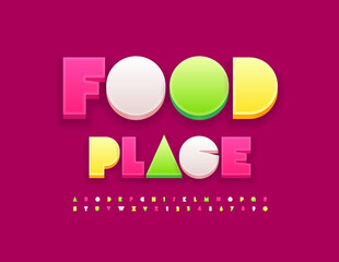 Fototapeta na wymiar Vector advertising banner Food Place. Creative colorful Font. Bright 3D Alphabet Letters and Numbers set