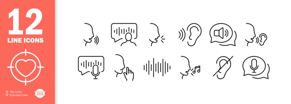 Voice set icon. Speech bubble, voice message, silent mode, mouthpiece, transmitter, voice recorder, sound track, song, voice message. Speech concept. Vector line icon for Business and Advertising