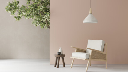 Colorful interior with armchair and tree ,  background mock up , pink empty wall , 3d rendering
