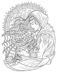 Line art manga style illustration with fantasy dragon and hero man or prince isolated on white