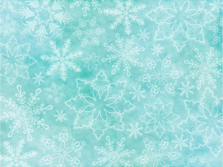 Elegant snowflake background in light teal and aqua colors. Snowflake wallpaper. Winter wonderland. Blizzard background