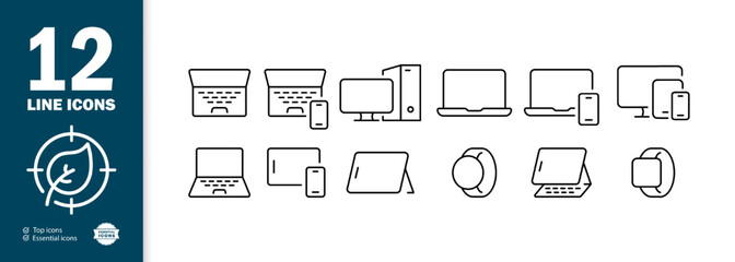 Smart technology set icon. Fitness bracelet, phone, laptop from above, desktop computer, gadget, PC, smart watch, user, tracker, band, clock, monitor. Vector line icon for Business and Advertising