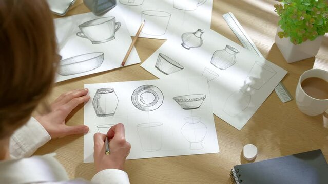 The designer draws sketches of kitchen utensils on paper. The artist creates prototypes of dishes.