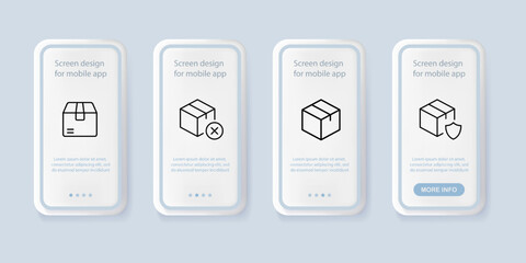 Delivery set icon. Pack, package, delivery service, packing, shipping, cardboard, cross, circular arrows, boxes, quality mark. Logistics concept. UI phone app screens. Vector line icon for Business