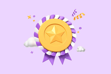 Award medal with ribbon. Quality guarantee medal with star. Sport reward concept. Business success. Victory prize with cloud. Cartoon creative design icon isolated on purple background. 3D Rendering