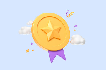 Award medal with ribbon. Quality guarantee medal with star. Sport reward concept. Business success. Victory prize with cloud. Cartoon creative design icon isolated on blue background. 3D Rendering