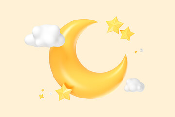 3D Crescent moon with cloud and star. Half yellow moon. Realistic elements for holiday, celebration banner and poster. Cartoon creative design icon isolated on yellow background. 3D Rendering