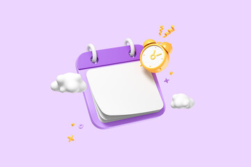 3D Calendar with Alarm notification. Event reminder. Minimal creative design. White paper with empty copy space for text or date. Plan concept. Cartoon icon isolated on purple background. 3D Render