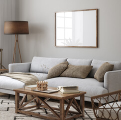 Horizontal wooden frame mockup in scandinavian farmhouse living room interior, 3d render