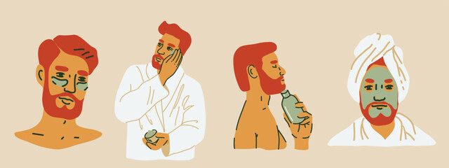 Male beauty routine. Bearded hipster characters applying skincare products, face masks, eye patches. Hand drawn vector illustration