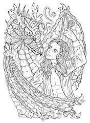 Line art manga style illustration with fantasy dragon and hero man or prince isolated on white