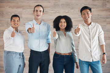 Diversity, thumbs up and team success, collaboration and support with yes, review and winner hand...
