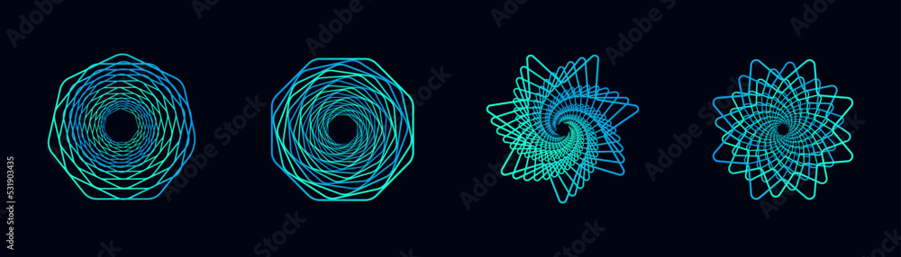 Poster set of twisted spirals. sacred geometry. tunnel with lines in the form of a circle and hexagons. vec