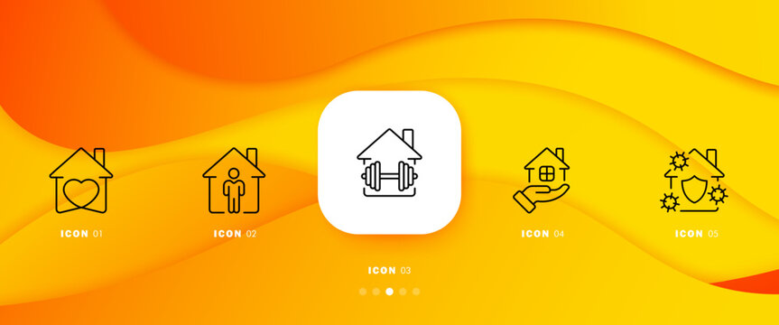 Home Life Set Icon. House, Heart, Love, Support, Man, Barbell, Hand, Virus Protection, Immunity, Quarantine, Sport, Covid 19. Domesticity Concept. Infographic Timeline With 5 Steps. Vector Line Icon