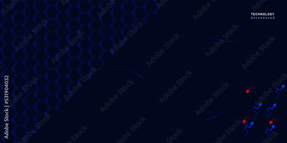 Poster technology background design with neon hexagons pattern and arrow shape, blue futuristic technology 