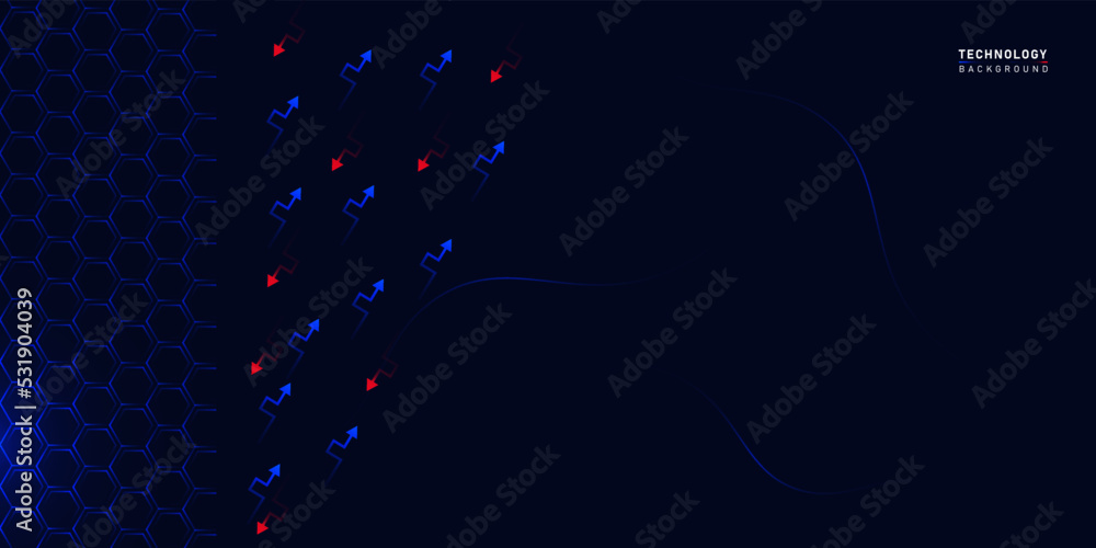 Poster technology background design with neon hexagons pattern and arrow shape, blue futuristic technology 