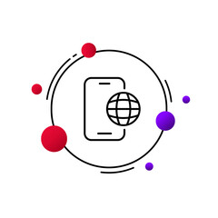 Phone with planet line icon. Gps, surf, access, online maps, navigator, navigation, explore, internet connection, geolocation, worldwide. Technology concept. Vector line icon for Advertising