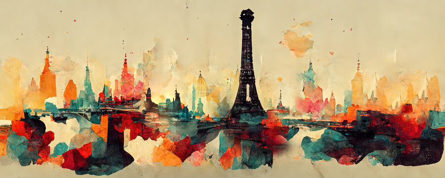 Digital modern artwork of Paris in France, featuring the Eiffel Tower. Splotchy colourful abstract digital artwork inspired by works of Weier Lu. Digital illustration banner for wallpapers.