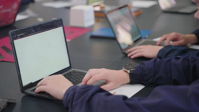 Close Up Of Student Hand Scrolling Laptop At School, 4K