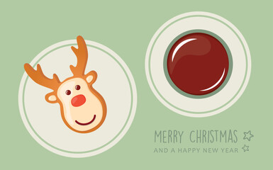 merry christmas card with cookie gingerbread and cocoa drink