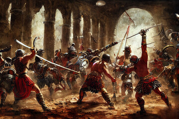 Fototapeta na wymiar Gladiators fighting in coliseum in a historic illustration. Gladiator arena lit by sun in Ancient Rome. Romans battling with swords. Artwork of roman soldiers armed and fighting. generative ai