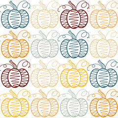 Sketch decorated pumpkin repeat background. Fall seamless pattern with colored hand drawn pumpkins. Print for textile, packaging, paper, wallpaper, package and design vector illustration