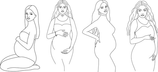 Pregnant woman line art vector set. Prenatal illustration.