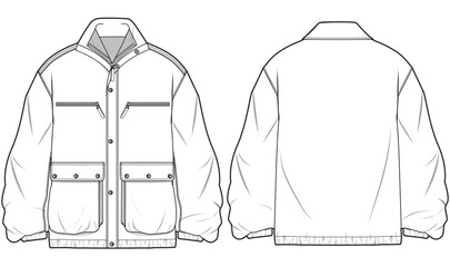 Harrington Jacket, Bomber Jacket, Raincoat Front and Back View. Fashion Illustration, Vector, CAD, Technical Drawing, Flat Drawing, Template, Mockup.	