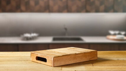 Desk of free space and kitchen interior. 