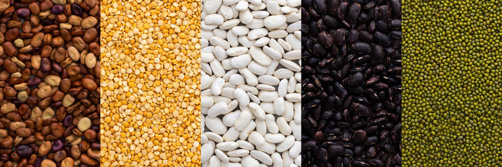 Different types of legumes banner, mung beans and green peas, brown, white and black beans, top view