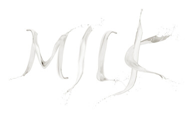 word milk written with splashing letters, PNG image