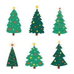 Vector New Year set with christmas trees. Evergreen trees with balls, stars and garlands. Fir trees for Christmas.