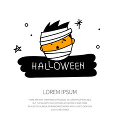 Character mummy monster head with phrase HALLOWEEN for Spooky Season on 31 october. Vector illustration creepy cartoon avatar.