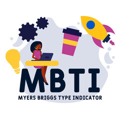 mbti - myers briggs type indicator acronym. business concept background. vector illustration concept with keywords and icons. lettering illustration with icons for web banner, flyer, landing pag