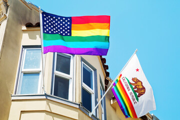 US & California flags modified and shown in the Castro, famous gay/lesbian neighborhood of San Francisco