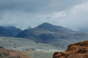 Gobi desert lifeless landscape mountains Altai Republic Russia, texture of red sandstone in Mars valley