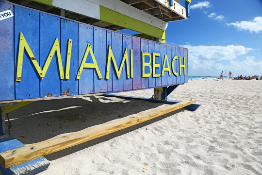 Close-up of Miami Beach sign on a Lifeguard hut.