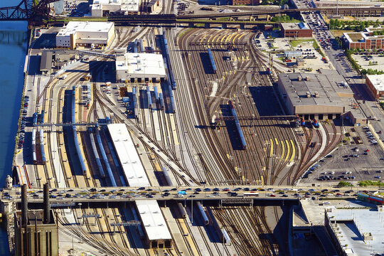Aerial view of rail yard in Chicago