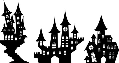 isolated Halloween houses and a castle on a transparent background.