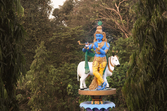 Statue of Krishna with a cow on a background of green jungle. 