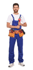 Fototapeta premium Professional plumber with pipe wrench and tool belt on white background