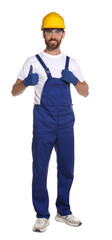 Professional builder in uniform isolated on white
