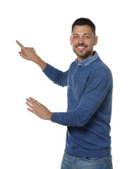 Handsome man gesturing on white background. Weather forecast reporter