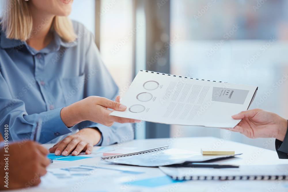 Aufkleber hand, document and meeting with marketing team at a table reading report, proposal or paperwork. tea