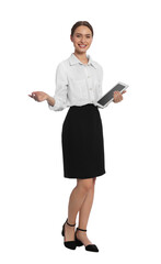 Full length portrait of hostess with tablet on white background
